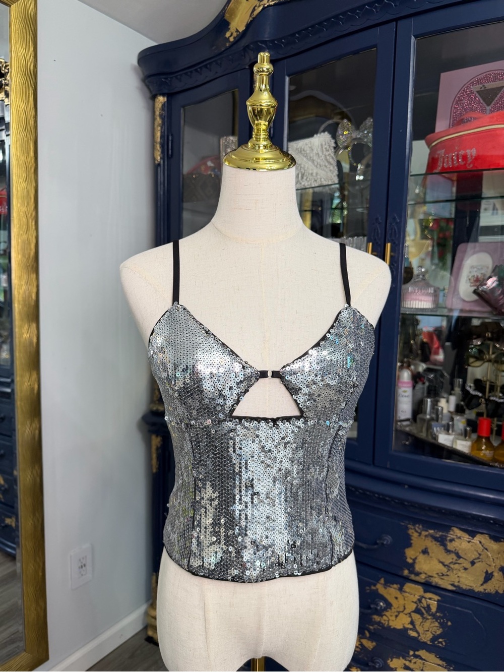 Edikted Silver Sequin Bandeau Cami with Front Cutout NWT
